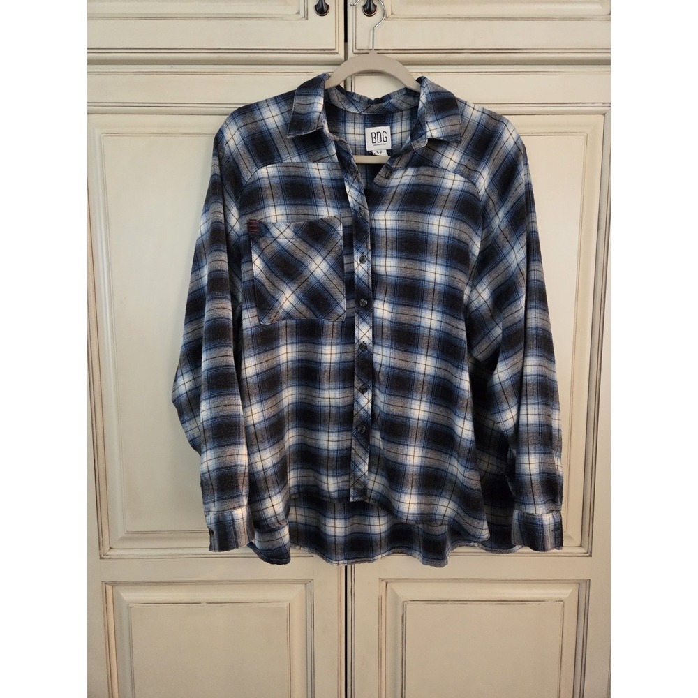 Bdg Urban Outfitters Oversized Flannel Shirt Women's Small Plaid Blue Hi Low